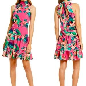 Eliza j pink tropical sleeveless tie neck dress